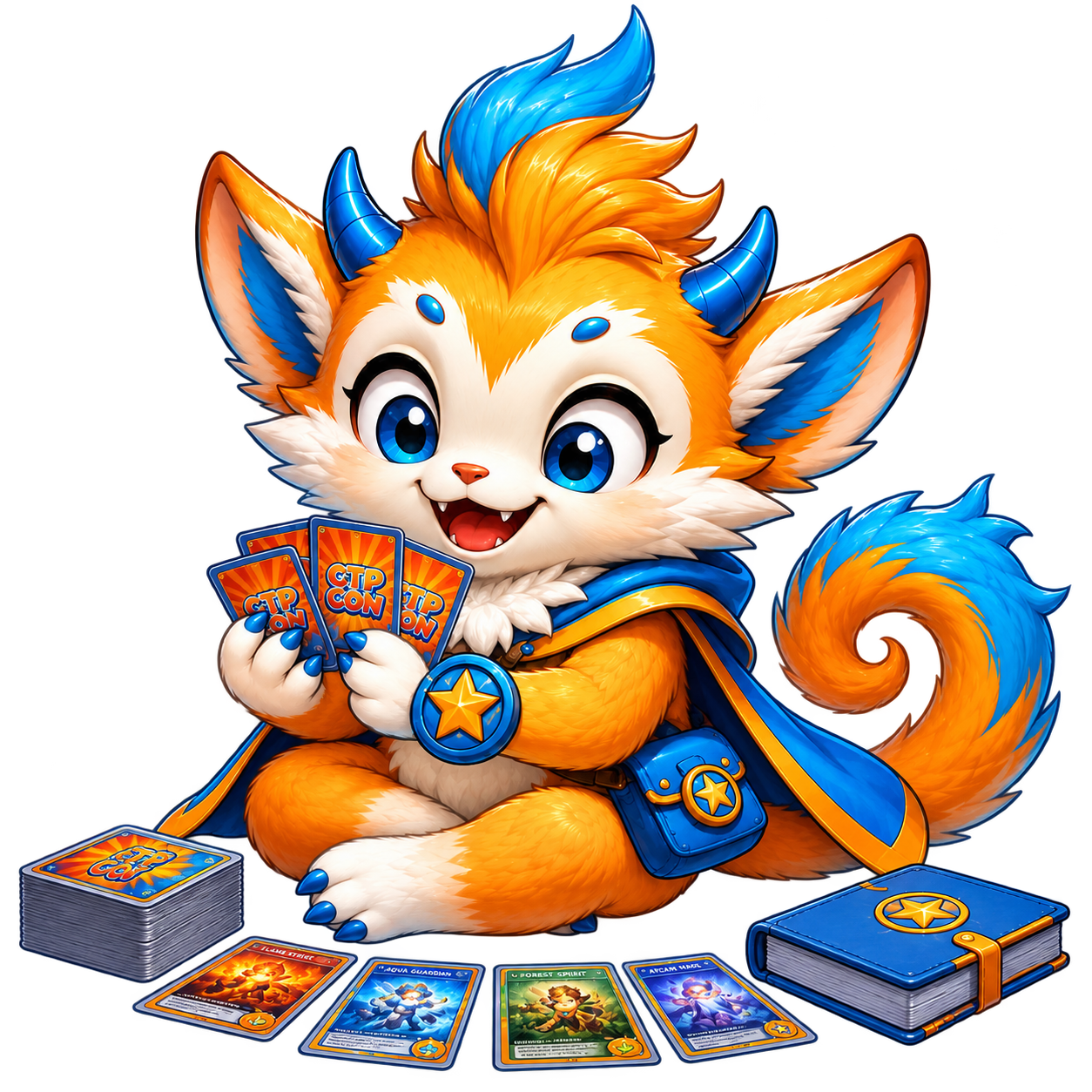 Clipsy holding several trading cards