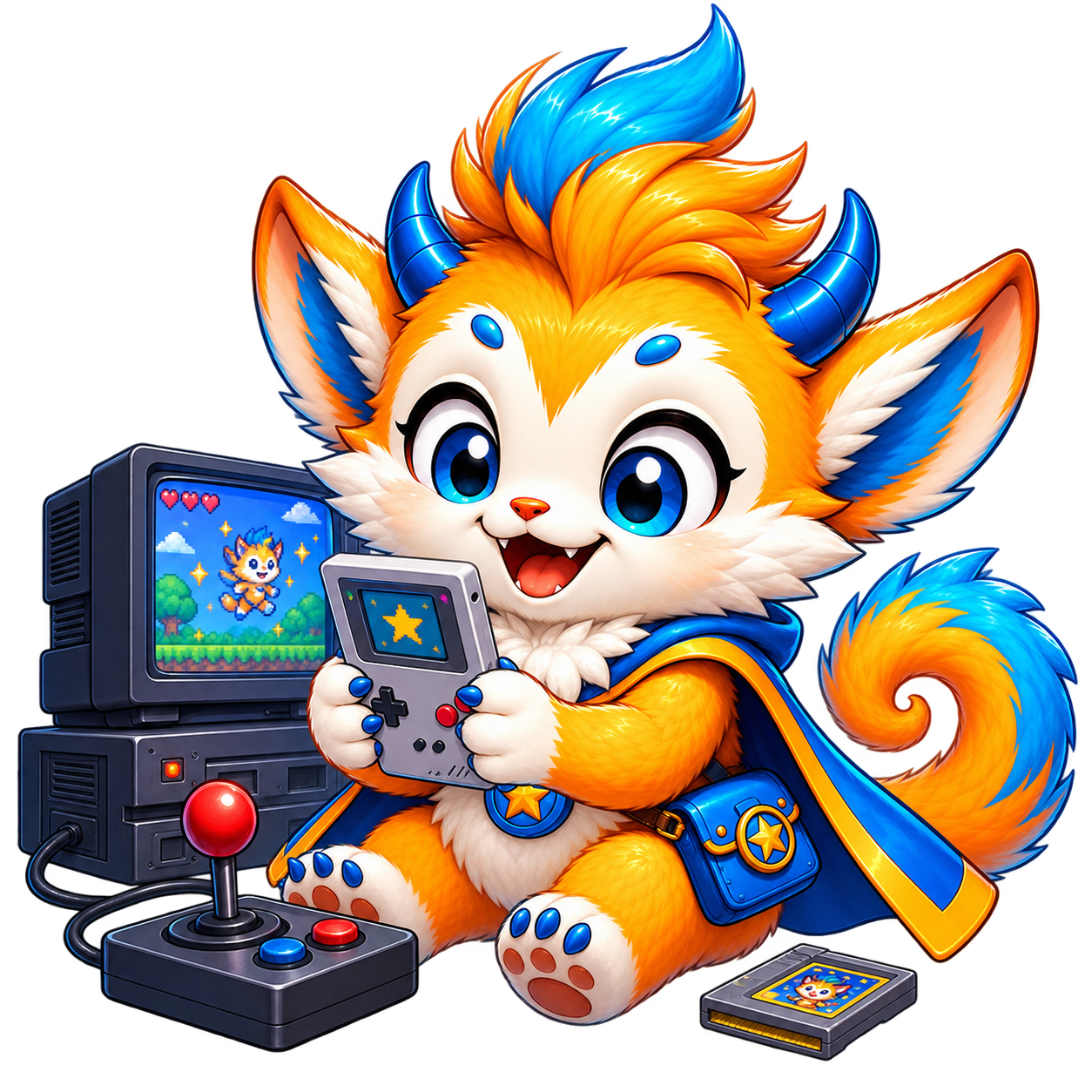 Clipsy playing a retro handheld game