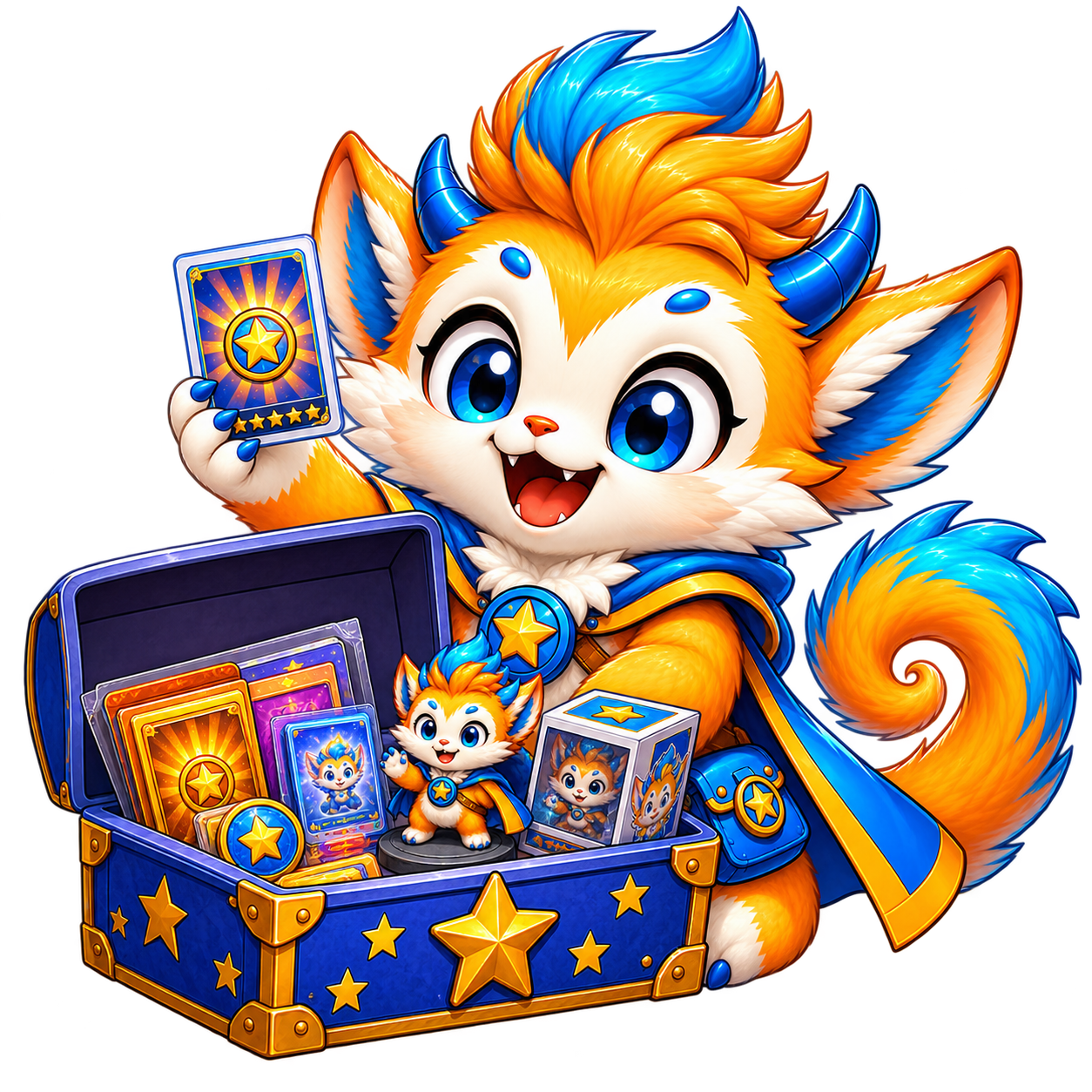 Clipsy with a treasure chest full of collectibles